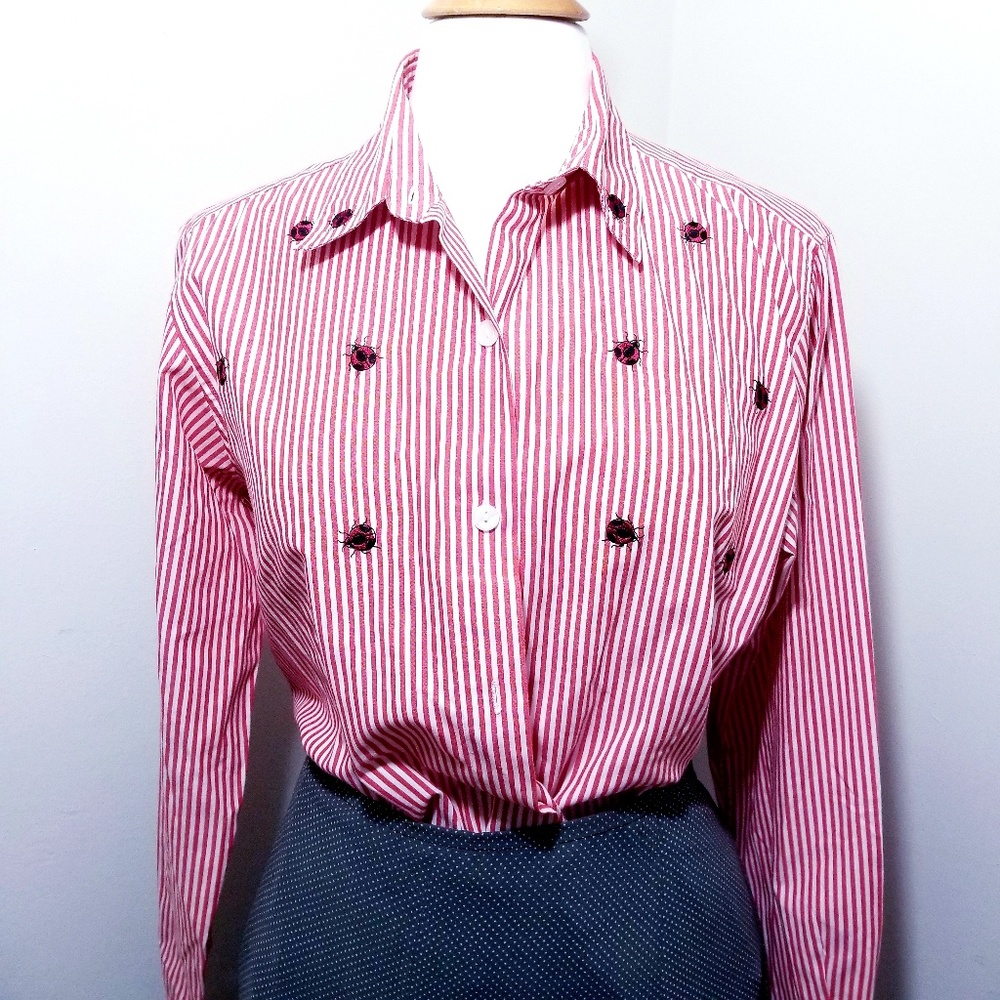 Vintage ladybug red striped button down shirt Size 12